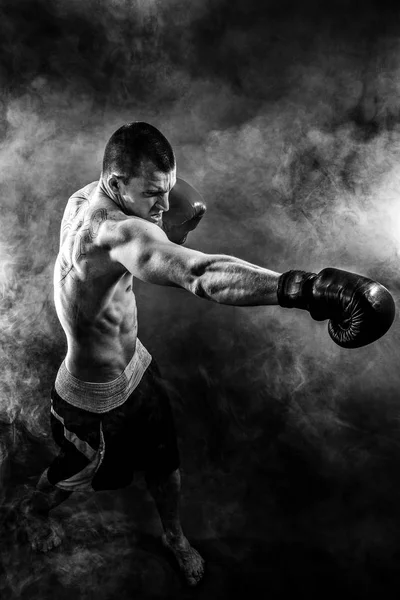 Boldog nyerő kevert harcművészetek harcos lyukasztás a füst — Stock Fotó