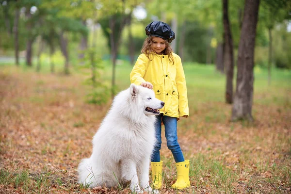 야외 공원에서 아름 다운 강아지와 함께 산책에 사랑 스러운 여자 — 스톡 사진