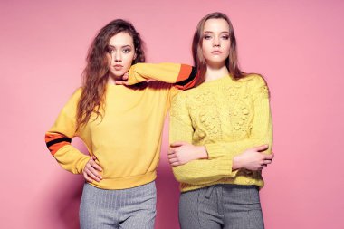 Kameraya bakarak iki güzel seksi gülümseyen güzel kızlar. Kazak, pembe bir arka plan üzerinde sıcak kadın şık duran sarı.