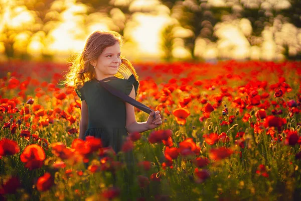 Schattig klein meisje in groene jurk en stro hoed poseren op het veld van klaprozen op de zomer zonsondergang — Stockfoto