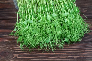 Eski ahşap masada kesilmiş mikro yeşil bezelye filizi. Vejetaryen ve sağlıklı beslenme konsepti. Büyüyen filizler