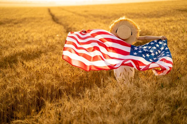 На задньому плані - дівчина у білому платті з американським прапором під час їзди на мальовничому полі пшениці. — стокове фото