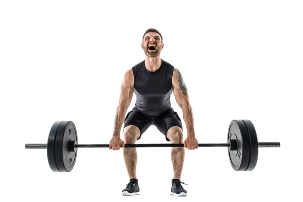 Fit Man doet een Deadlift oefening. Volledige lengte studio schot geïsoleerd op wit — Stockfoto