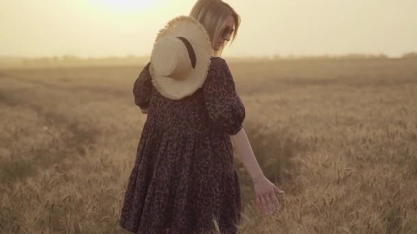 Donna in abito stampa animalier, cappello di paglia davanti al sole in mezzo al campo di grano con piacere, godendo le vacanze estive — Video Stock