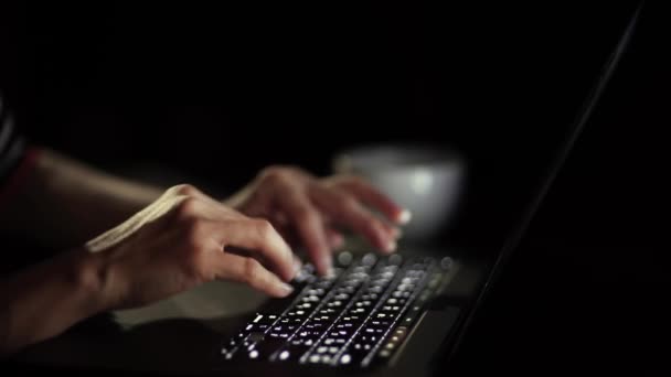 As mãos femininas da mulher de negócios trabalhador usuário profissional usando digitação no teclado notebook laptop sentar-se em casa mesa de escritório trabalhando on-line com conceito de tecnologia de aplicativos de software pc, close up side view — Vídeo de Stock