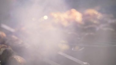 Metal şişte pişen ızgara kebap. Barbeküde pişmiş et. Geleneksel doğu yemeği, şiş kebap. Kömür ve alevler üzerine ızgara, piknik, sokak yemekleri