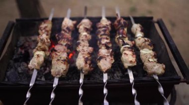 Metal şişte pişen ızgara kebap. Barbeküde pişmiş et. Geleneksel doğu yemeği, şiş kebap. Kömür ve alevler üzerine ızgara, piknik, sokak yemekleri