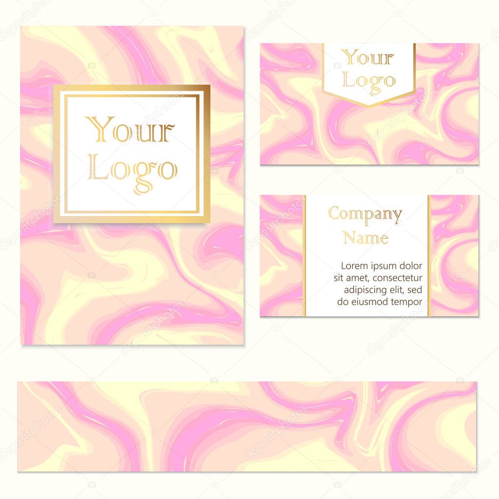 Business card, brochure, flyer and banner with marble texture. Luxury business card template. Vector illustration.