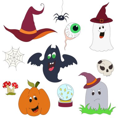 El çizilmiş vektör Cadılar Bayramı tebrik kartı, el ilanı, afiş, poster şablonları. Doodle Cadılar Bayramı geleneksel karakter kümesi. Vektör çizim.