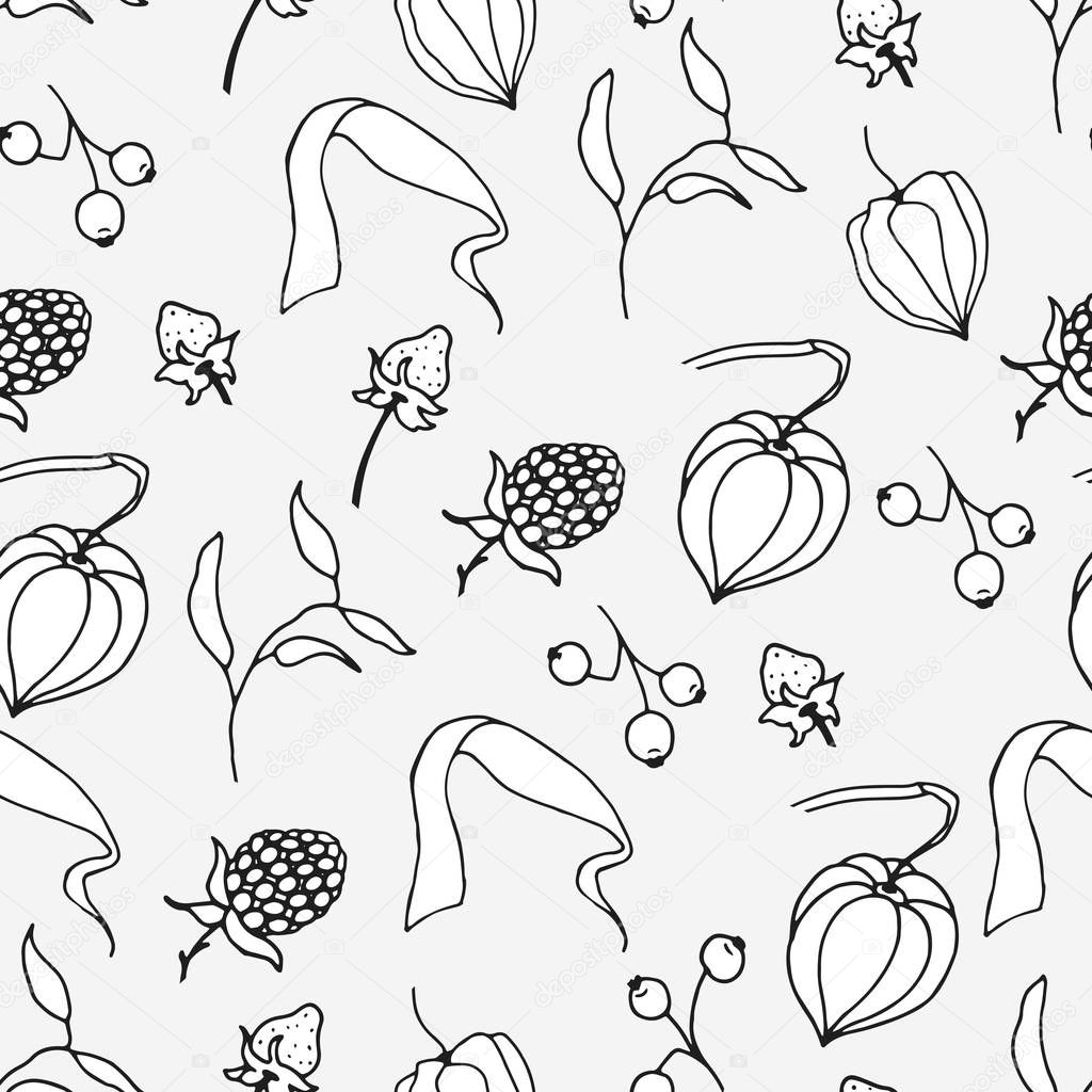 Autumn leaves seamless pattern. Hand drawn leaves, berries. Vector illustration.