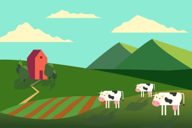 Alanları yatay, yeşil tepeler, mavi gökyüzü, çiftlik evi ve düz stil ormanda vektör çizim