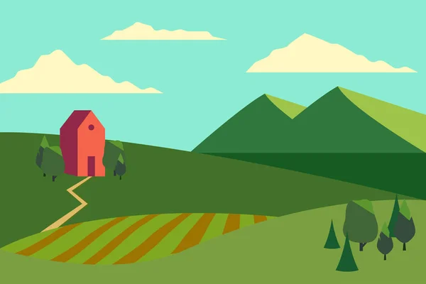 领域风景的向量例证与绿色小山 农舍和森林在平的样式 — 图库矢量图片