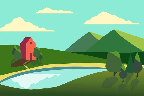 领域风景的向量例证与绿色小山 农舍和森林在平的样式 — 图库矢量图片