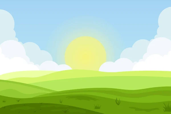 Vector Illustratie Van Velden Landschap Met Een Groene Heuvels Blauwe — Stockvector