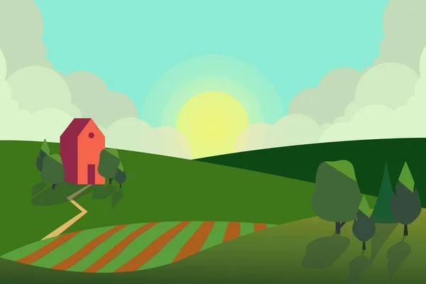 ベクトル フィールド緑の丘 青い空と風景のイラストと森のフラット スタイルで 農村の風景です ベクトル図 — ストックベクタ