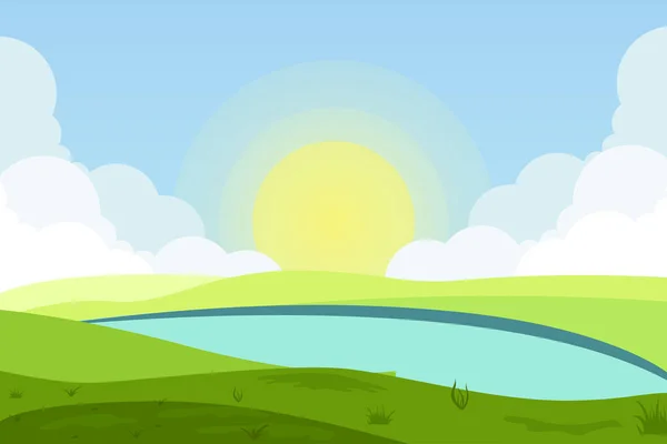 Vector Illustration Fields Landscape Green Hills Blue Sky Forest Flat — Stock Vector