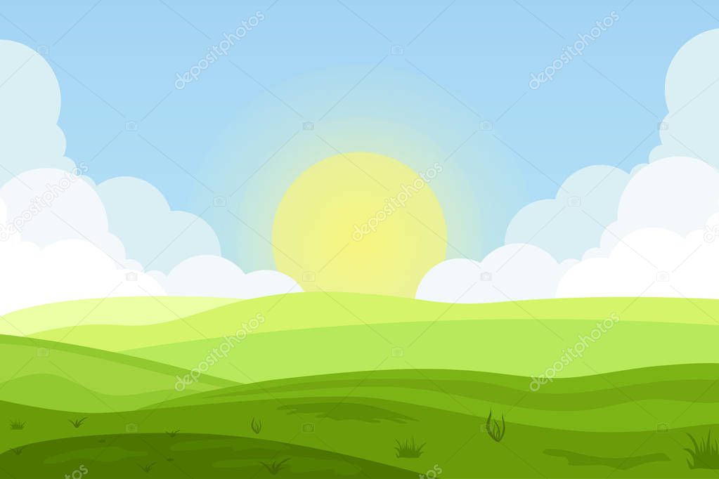 Vector illustration of fields landscape with a green hills, blue sky, and forest in flat style. Rural landscape. Vector illustration