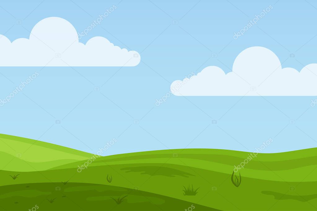 Vector illustration of fields landscape with a green hills, blue sky, and forest in flat style. Rural landscape. Vector illustration