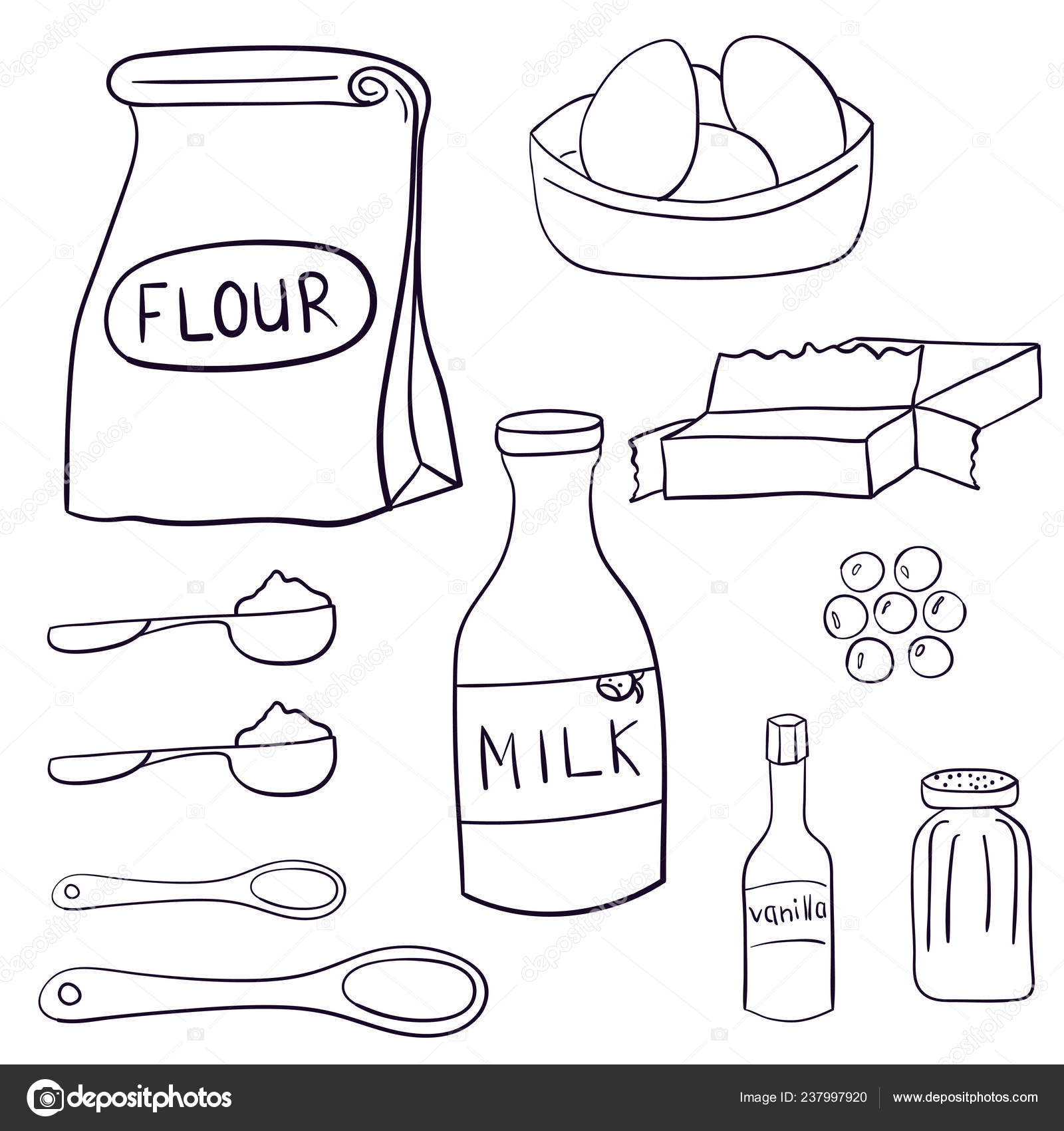 Hand Drawn Set Baking Ingredients Desserts Cake Chocolate Cookie Vector