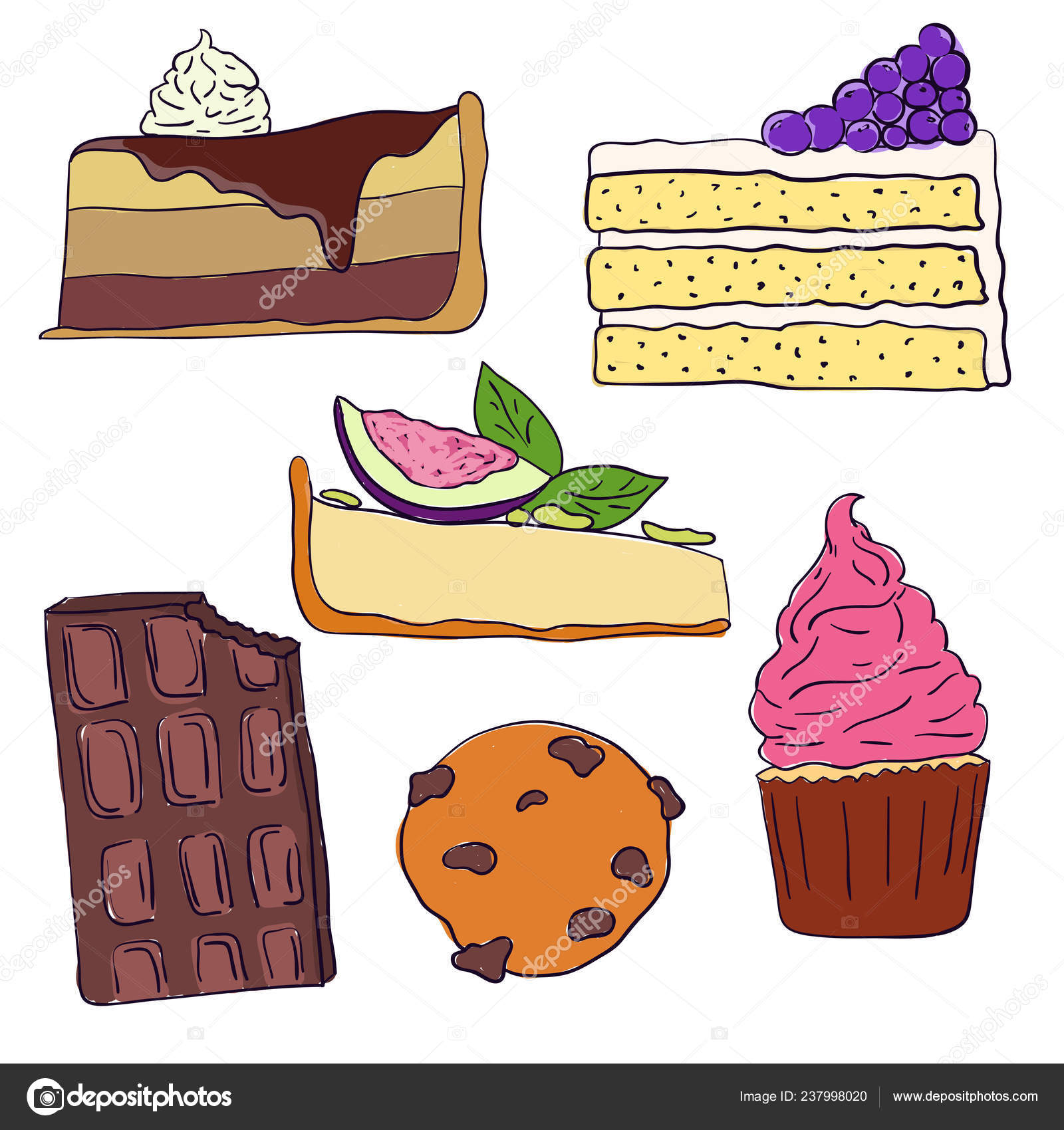 Hand Drawn Sweet Cakes Slices Set Vector Illustration Doodle
