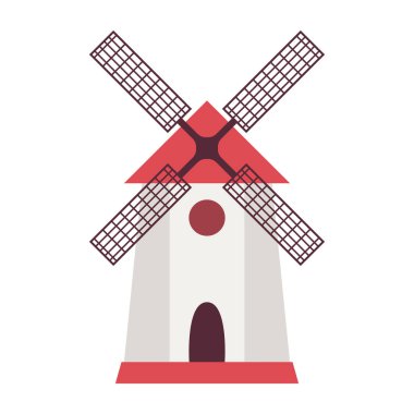 Düz tarzı yel değirmeni ve çiftlik evi. Vektör çizim