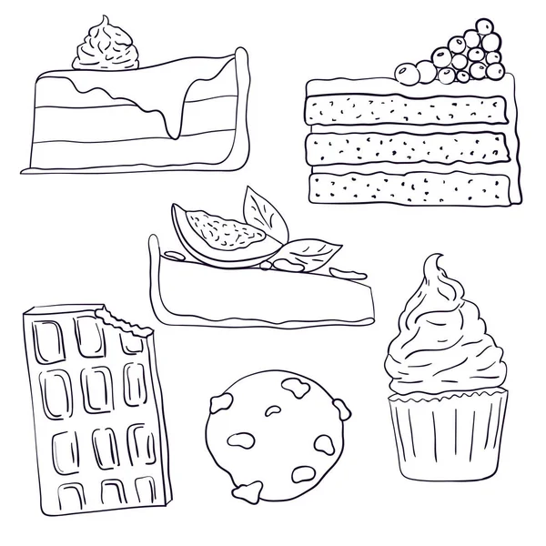 Hand Drawn Sweet Cakes Slices Set Vector Illustration Doodle Illustration — Stock Vector