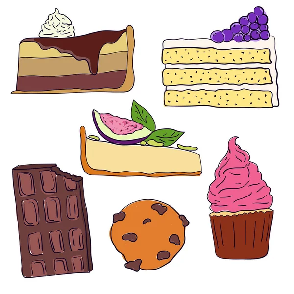 Ręcznie Rysowane Słodkie Ciasta Plastry Zestaw Ilustracji Wektorowych Doodle Ilustracja — Wektor stockowy