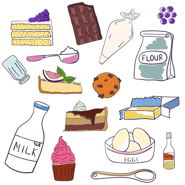 Handgezeichnetes Set Von Backzutaten Und Desserts Kuchen Schokolade Und Kekse — Stockvektor