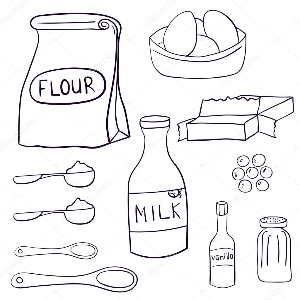 Hand drawn set of baking ingredients and desserts. Cake, chocolate and cookie. Vector illustration