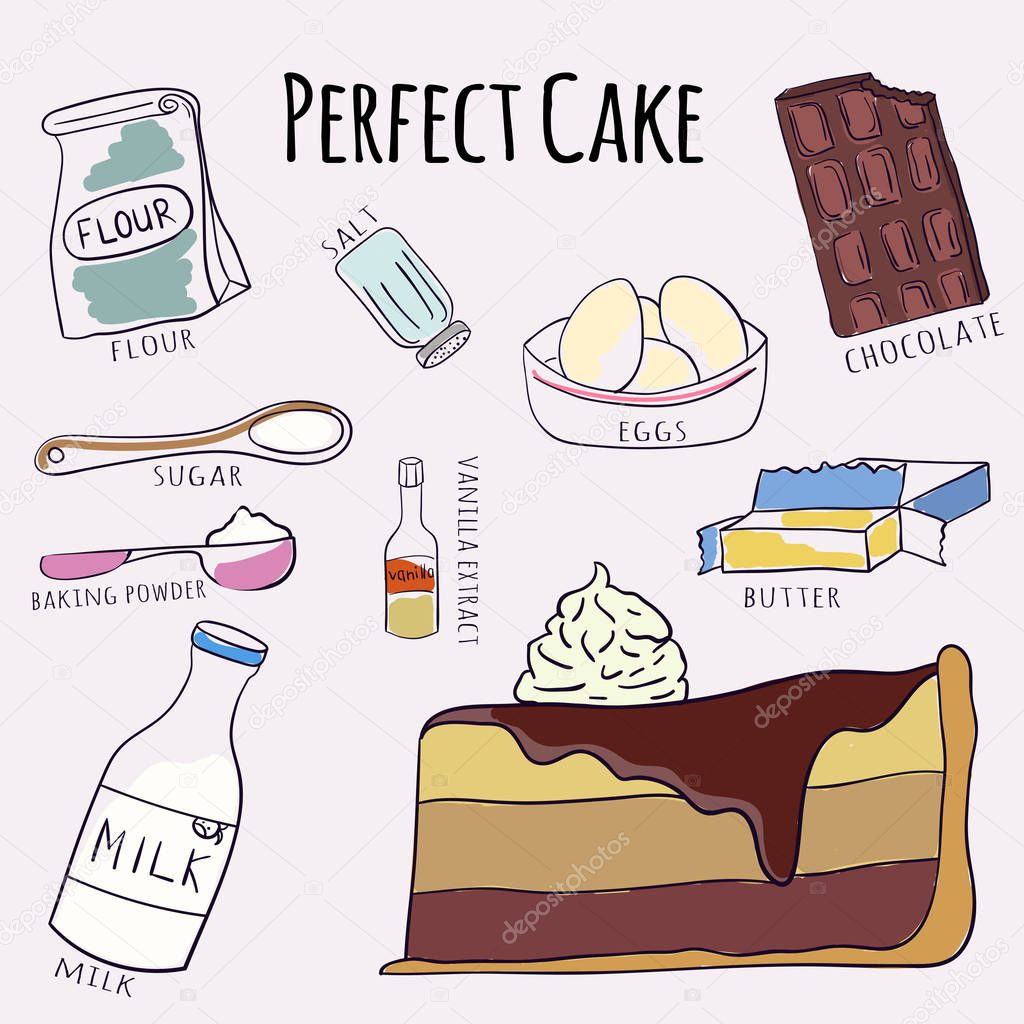 Vector hand drawn perfect cake recipe. Doodle illustration. Cake recipe in doodle style. Vector illustration