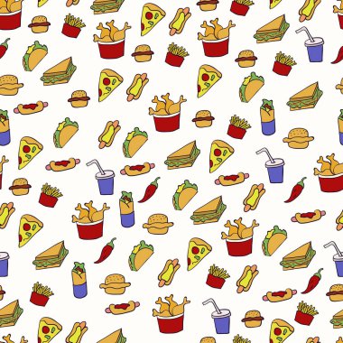 Doodle illüstrasyon fast food. Abur cubur ile Seamless modeli. El vektör çizim karikatür tarzı yaptı çekilmiş. Hamburger, sosisli, Fransız kızartması, sandviç.