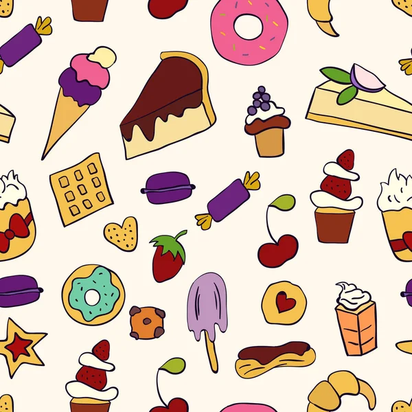 Doodle Illustratie Van Desserts Gebak Naadloze Patroon Met Desserts Hand — Stockvector