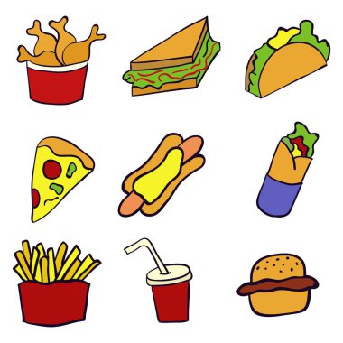 Doodle illüstrasyon fast food. Abur cubur kümesi. El vektör çizim karikatür tarzı yaptı çekilmiş. Hamburger, sosisli, Fransız kızartması, sandviç. Vektör çizim