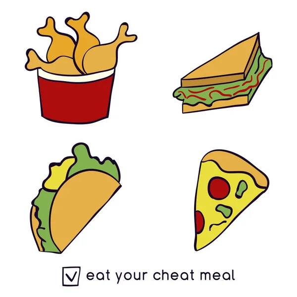 Doodle Ilustracja Fast Food Fast Food Zjeść Posiłek Oszukiwać Ręcznie — Wektor stockowy