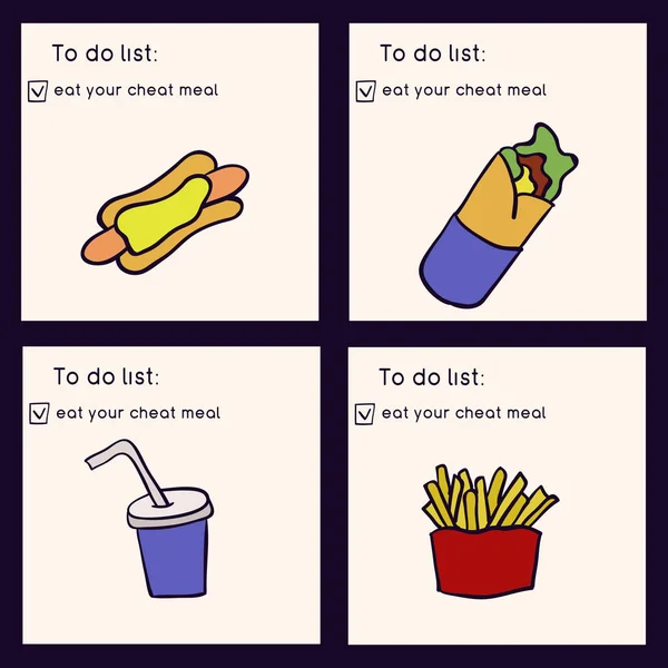 Doodle Ilustracja Fast Food Fast Food Zjeść Posiłek Oszukiwać Ręcznie — Wektor stockowy