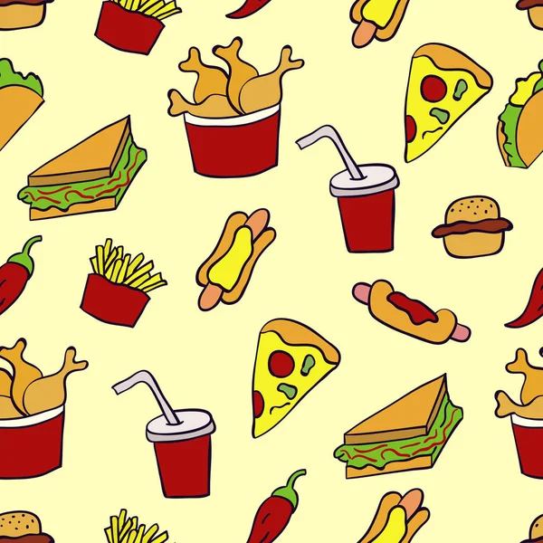 Doodle illustration of fast food. Seamless pattern with junk food. Hand drawn vector illustration made in cartoon style. Hamburger, hot-dog, french fries, sandwich.