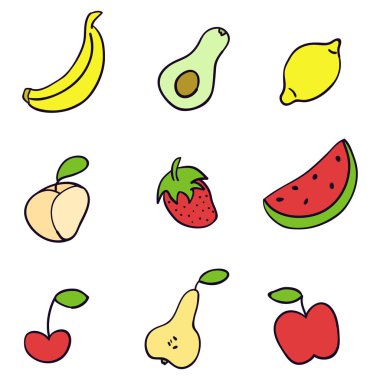 Elle çizilmiş meyve vektör çizim ayarlayın. Doodle illüstrasyon. Meyve doodle tarzı. Vektör çizim.