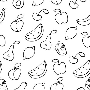 Doodle meyve Illustration. Meyve ile Seamless modeli. El vektör çizim karikatür tarzı yaptı çekilmiş. Elma, muz, karpuz, şeftali, çilek, armut, limon