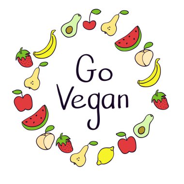 Vegan ürün etiketi. Dünya vejetaryen günü. El meyve ile çizilmiş rustik çerçeve. Tipografi tasarımı. Vegan