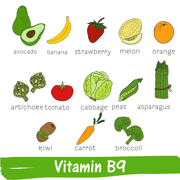 富含维生素 的蔬菜和水果 手绘载体维生素集 — 图库矢量图片