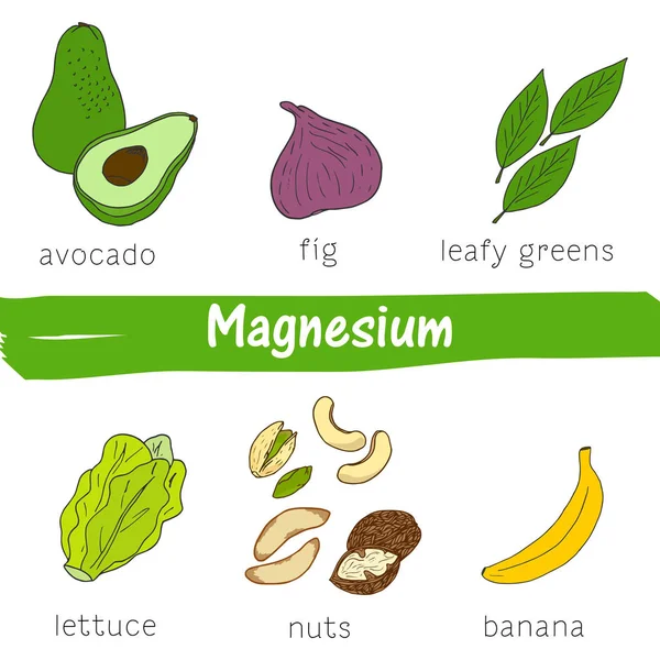Groenten Fruit Met Een Hoog Gehalte Aan Magnesium Hand Getrokken — Stockvector