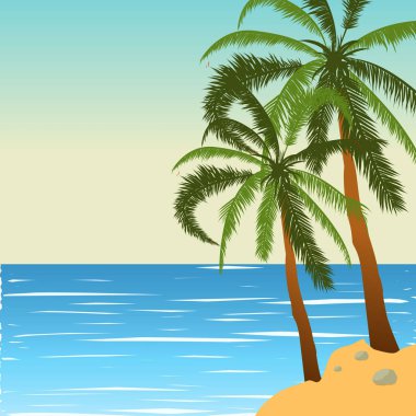 Tropikal peyzaj deniz manzara yaz arka plan. Palmiye ağaçları siluet. Vektör çizim.