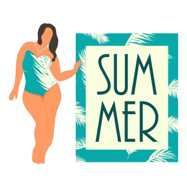 Kız karakter düz stil yaz tropikal arka plan ile egzotik palmiye yaprakları yaz vektör çizim.