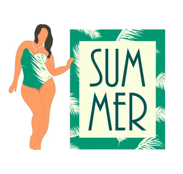 Girl Character Flat Style Summer Tropical Background Exotic Palm Leaves — Stock Vector