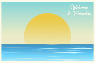 Günbatımı okyanus üzerinde. Sunrise kartpostal. Cennete hoş geldiniz. Yaz arka plan. Vektör çizim
