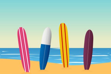 Tropikal peyzaj. Deniz manzarası sörf tahtası. Düz stil illüstrasyon. Vektör çizim