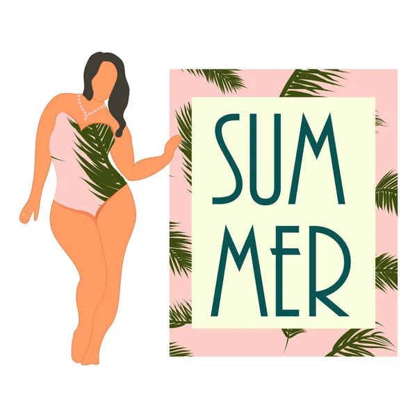 Girl Character Flat Style Summer Tropical Background Exotic Palm Leaves — Stock Vector