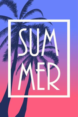 Kartpostal tropikal peyzaj ile. Yaz arka plan Palm ağaçlar siluet. Vektör çizim.