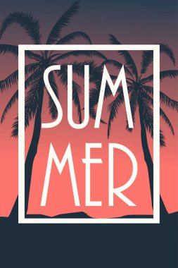 Kartpostal tropikal peyzaj ile. Yaz arka plan Palm ağaçlar siluet. Vektör çizim.