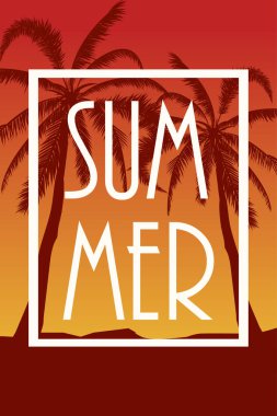 Kartpostal tropikal peyzaj ile. Yaz arka plan Palm ağaçlar siluet. Vektör çizim.